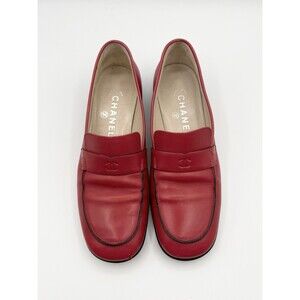 Chanel Red Calf Leather Loafers CC Logo Vintage Black Trim Y2K Sz EU 36